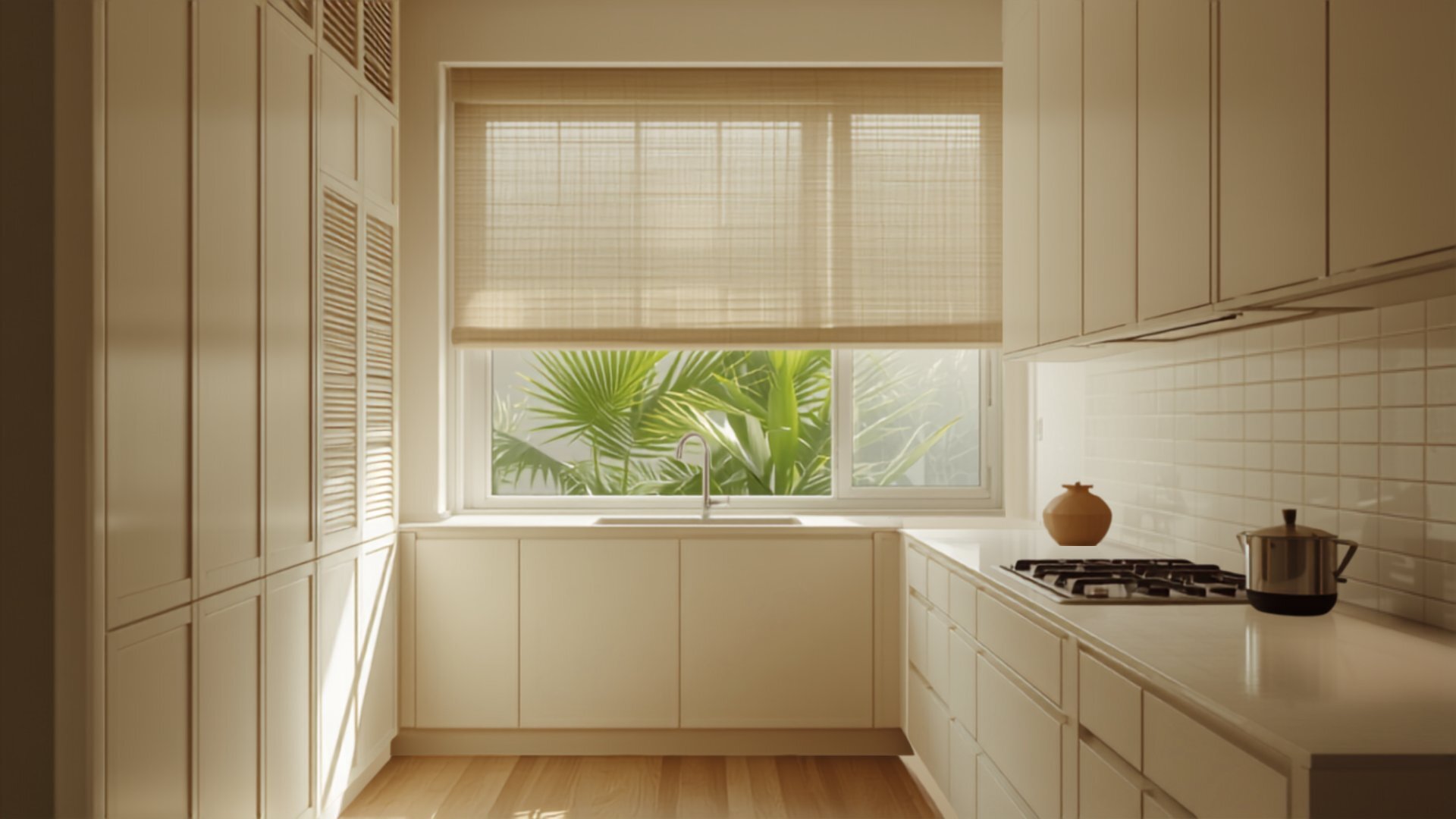 A Japandi kitchen in a Johor Bahru terrace home with pale cabinetry and louvred tall units