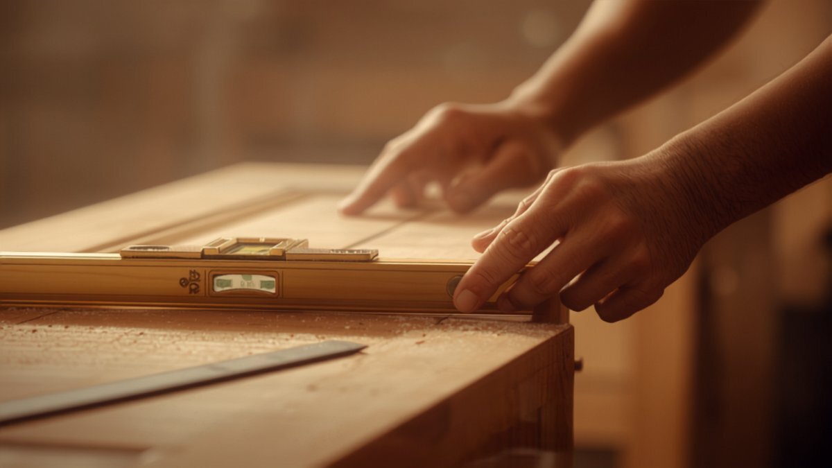 A carpenter fitting a pale oak cabinet door, spirit level on top