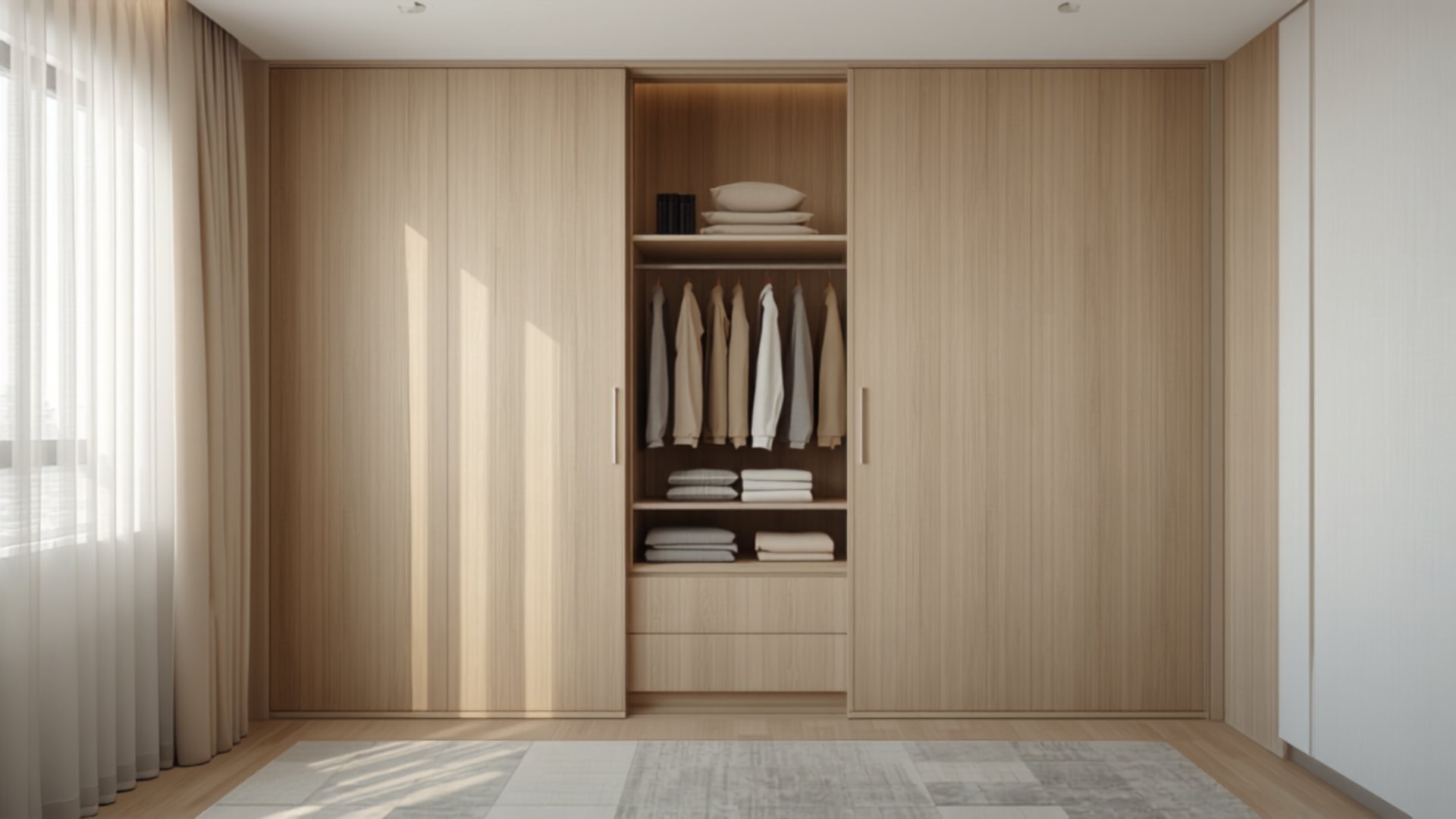 HDB master bedroom with a full-height Japandi closet system in pale oak