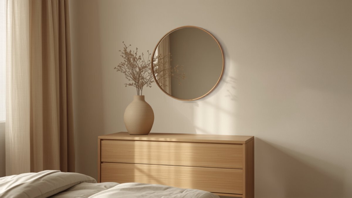 A calm corner of the HDB master bedroom &mdash; slim oak dresser and mirror