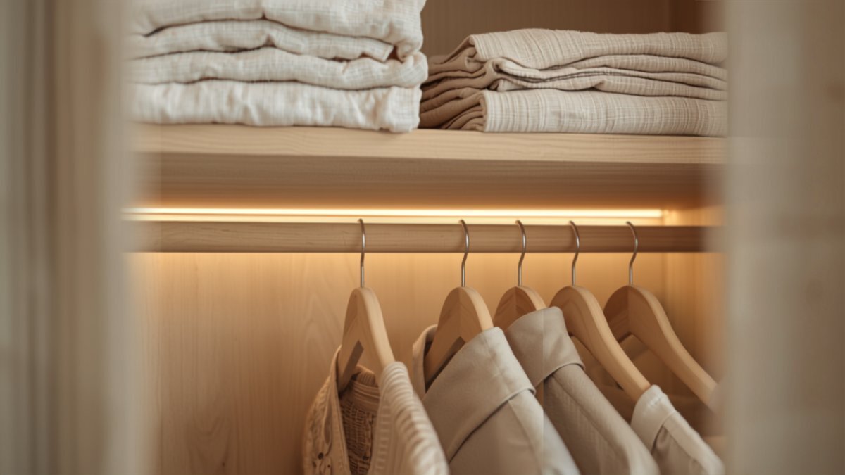 Inside the Japandi closet &mdash; oak shelves with folded linen and warm strip lighting
