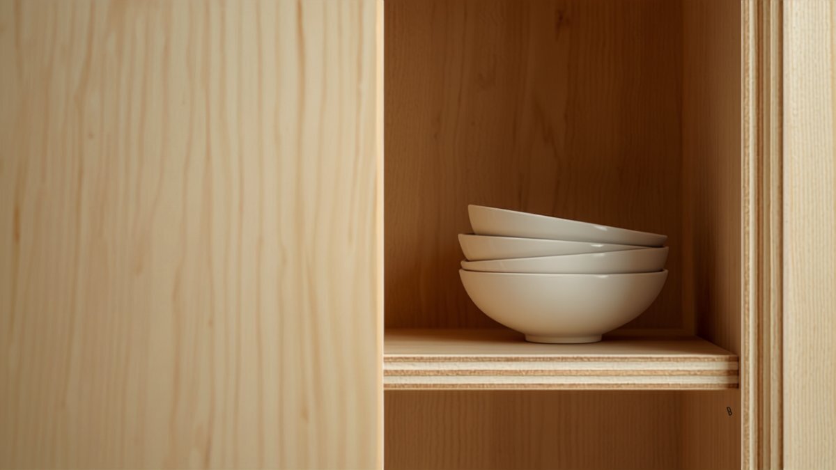 Cabinet interior showing a plywood shelf edge, stacked ceramic bowls on pale wood