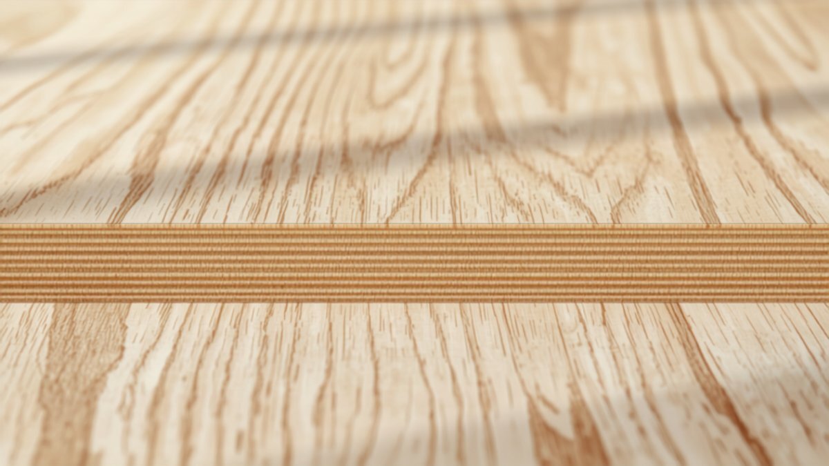 Close-up of a plywood cross-section showing layered veneer plies beneath a pale oak surface