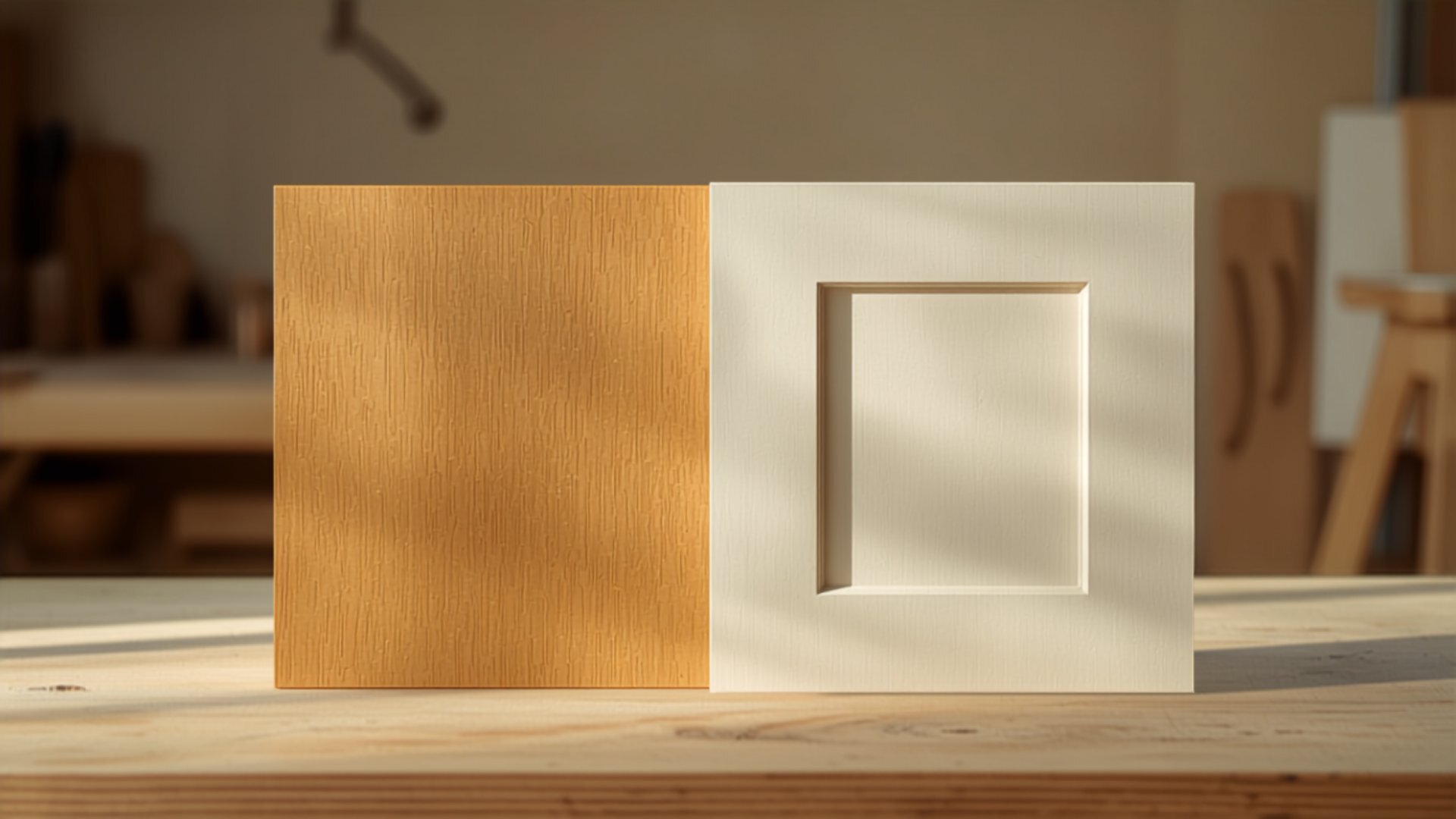 Plywood door sample beside a cream melamine door sample on a carpentry workbench