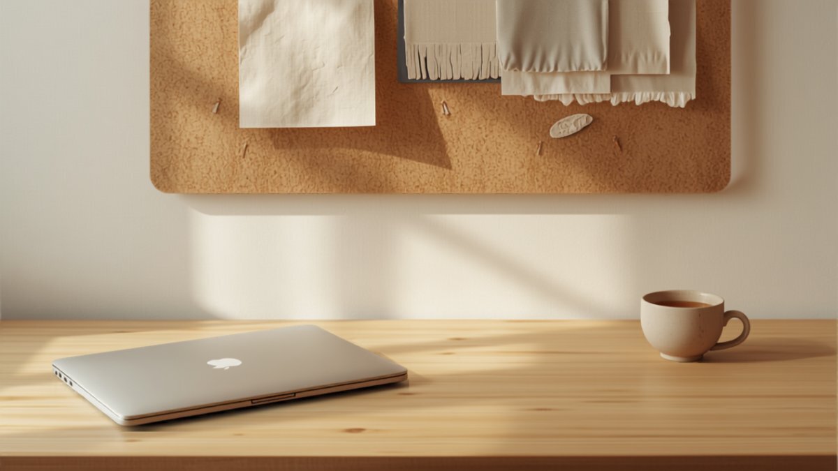 A designer's studio desk with a Japandi materials mood board