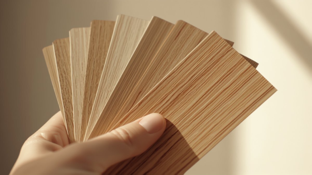 A hand holding a fanned deck of light wood laminate samples