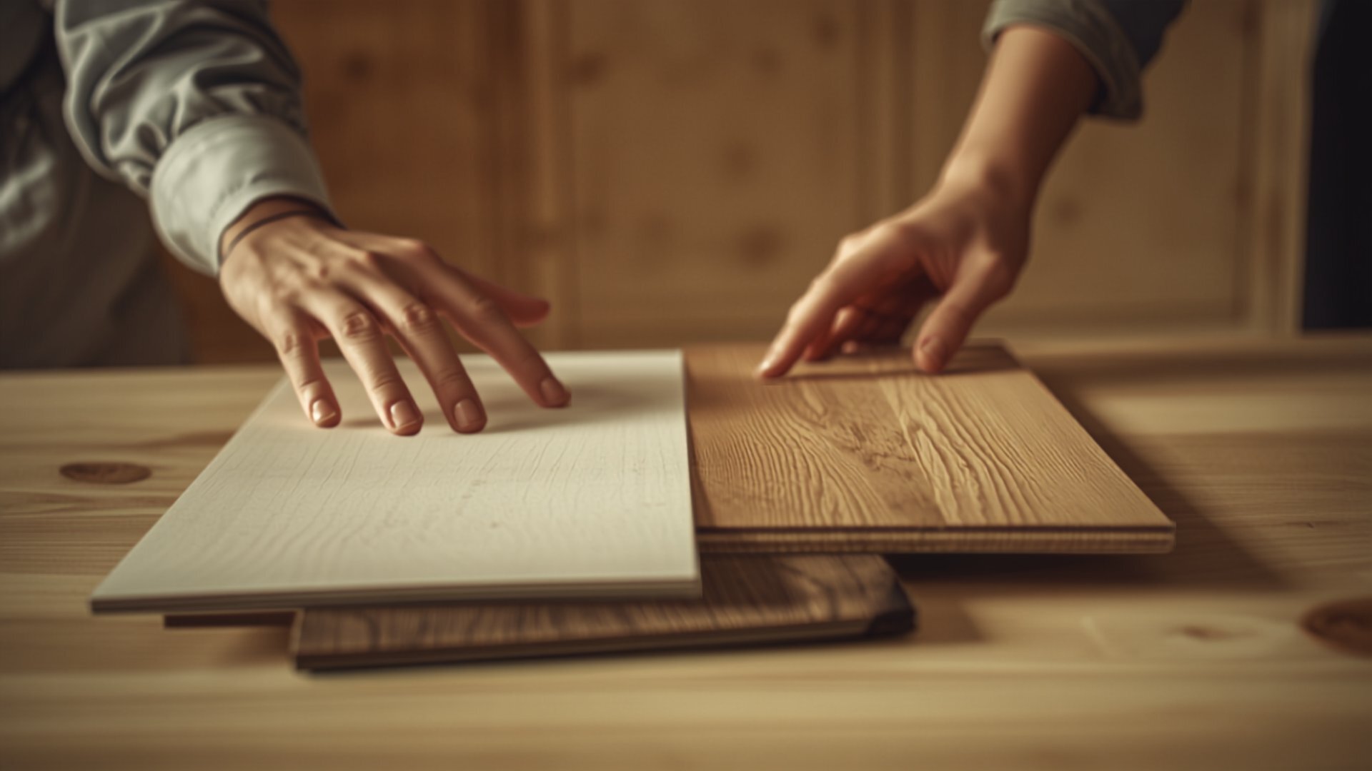 A designer and factory rep reviewing Japandi cabinet finishes at a trade counter